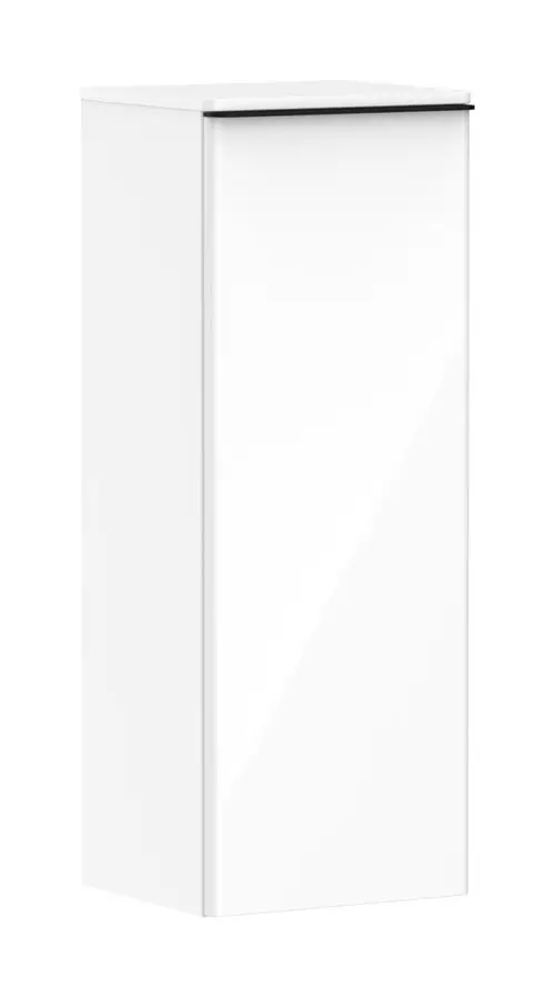 Weißer Hochschrank mit glatter Oberfläche, schmalem Design und Türanschlag auf der linken Seite. Produkt von Hansgrohe, geeignet für verschiedene Raumgestaltungen.